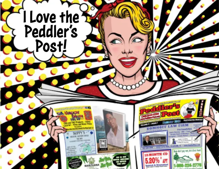 Comic lady reading a copy of the Peddler's Post