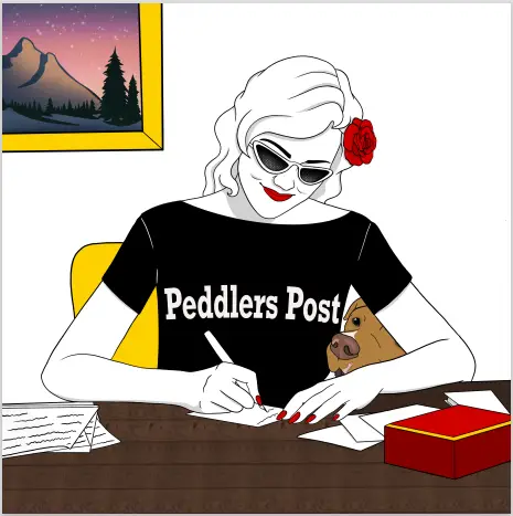 Penny the Paper Peddler of the Peddler's Post writing a letter with Gus peeking.