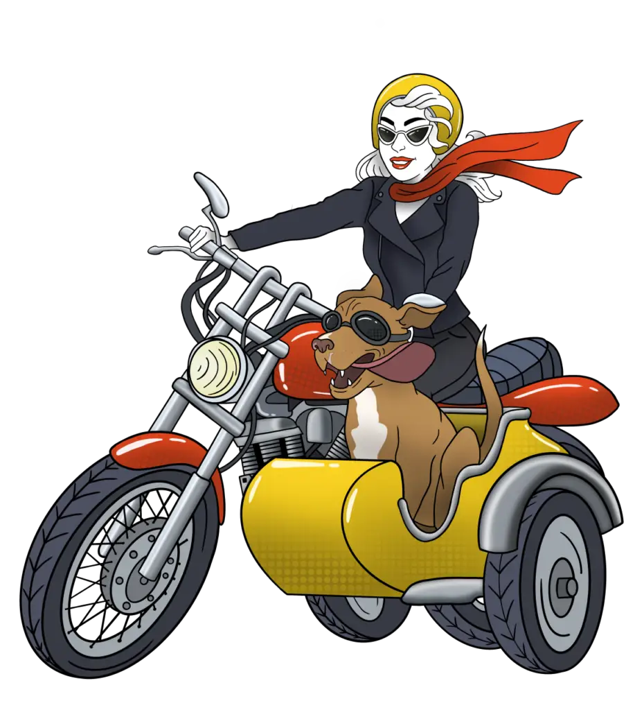 Penny, The Paper Peddler (Peddler's Post Logo) riding a motorcycle with a side car. Gus the peddler's Pup is riding in the side car with goggles on.