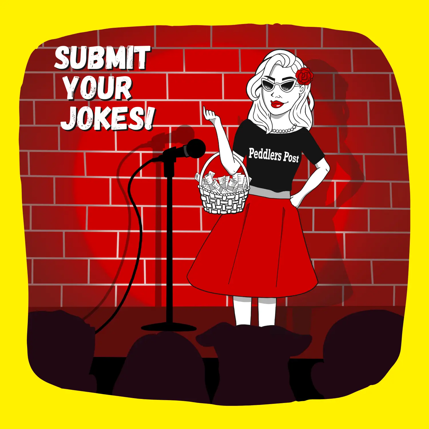 Penny, The Paper Peddler (Peddler's Post Logo) doing standup comedy