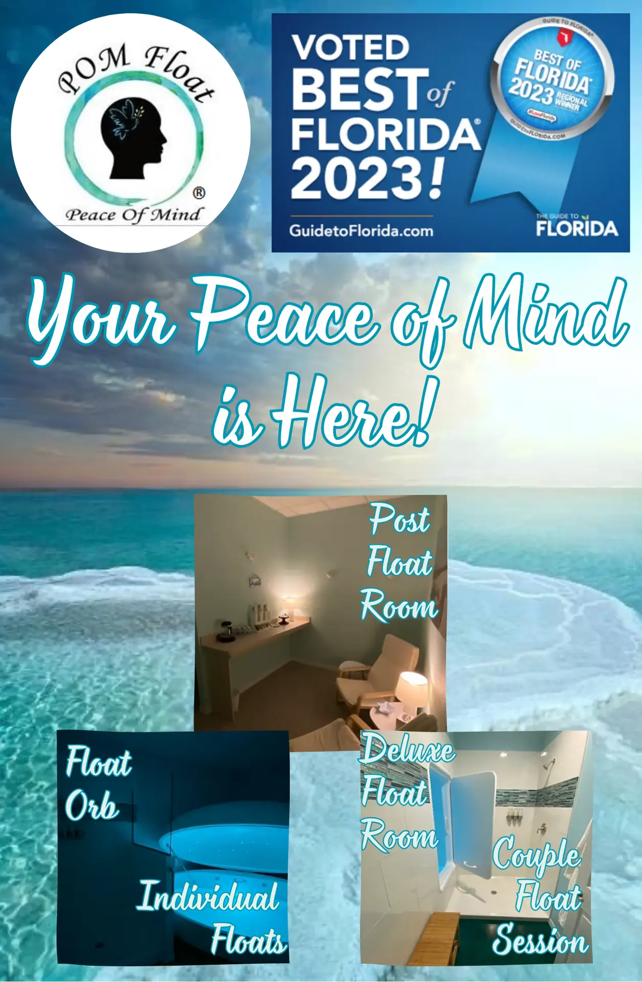 dead sea photo Floating Pod Pictures on top. Picture reads Your Peace of Mind is Here!